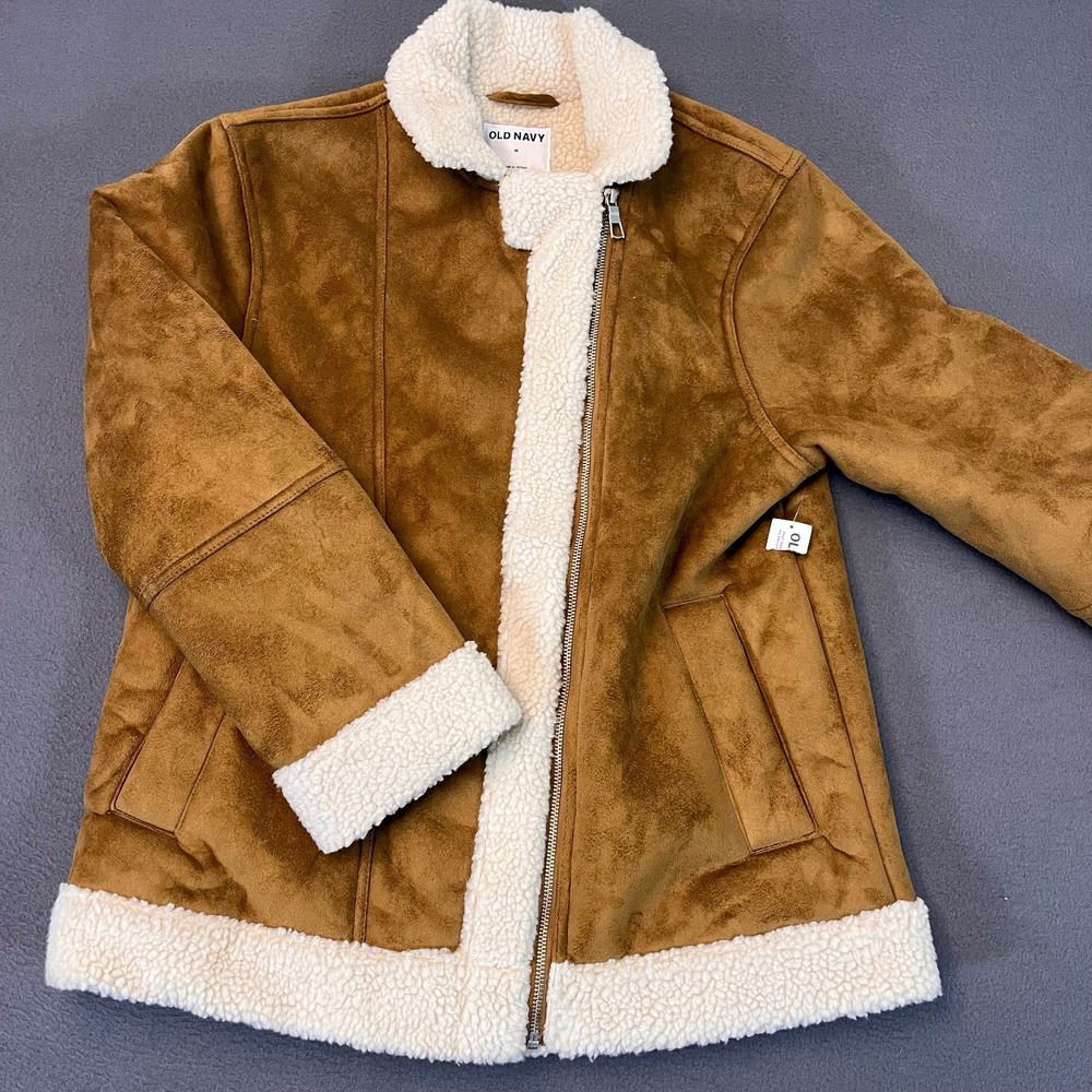 Old Navy Women's Med Faux Fur Sherpa Moto Jacket Camel Color Brown Winter‎ Warm